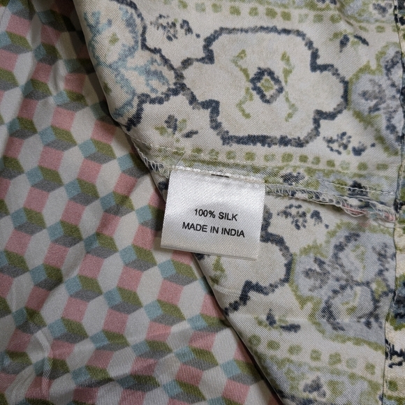 D'ascoli Pink Green Geometric Floral Printed 100% Silk Balloon Sleeve Top Artsy - Picture 10 of 11